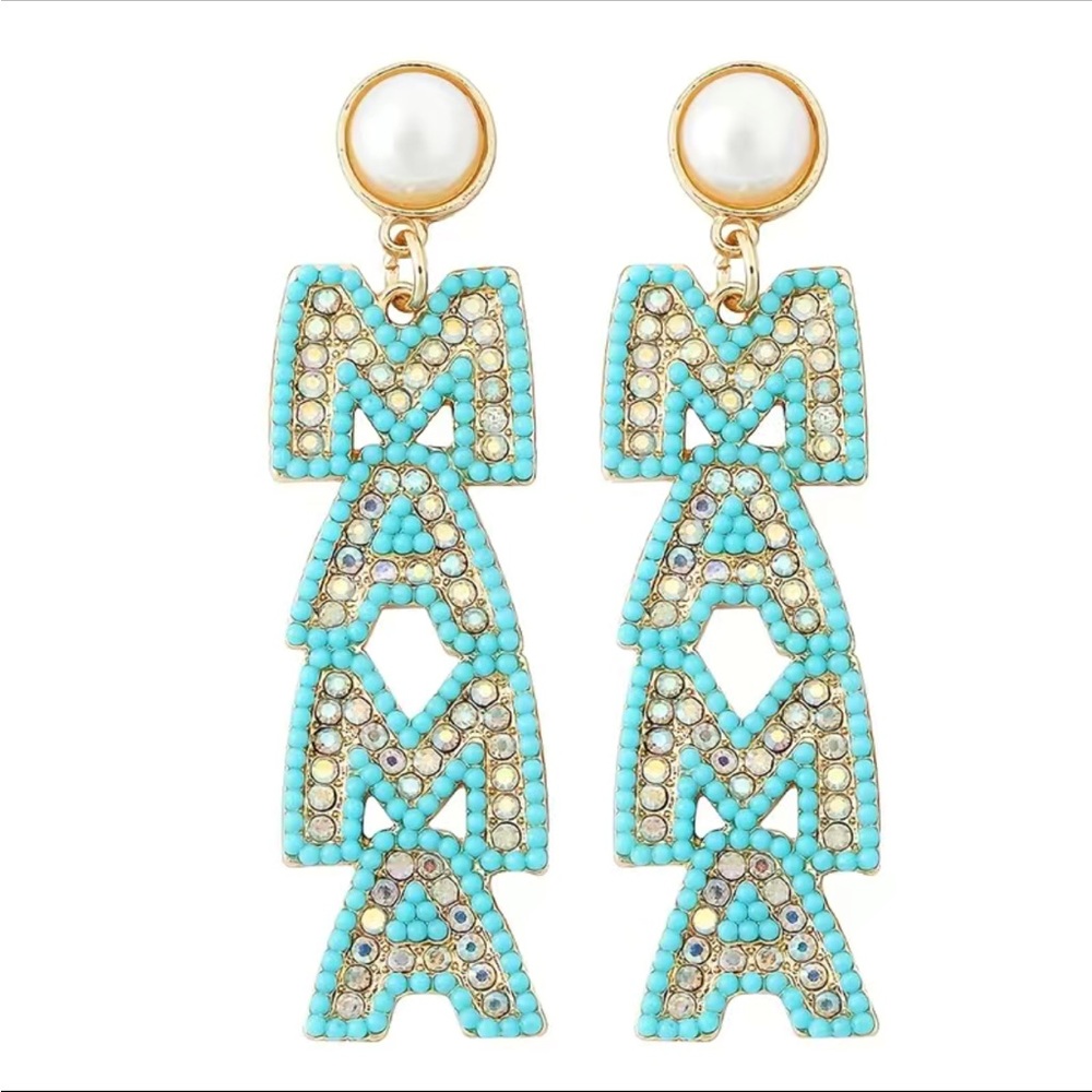 NWT Teal Tiffany Blue MAMA Earrings with Pearl Stud